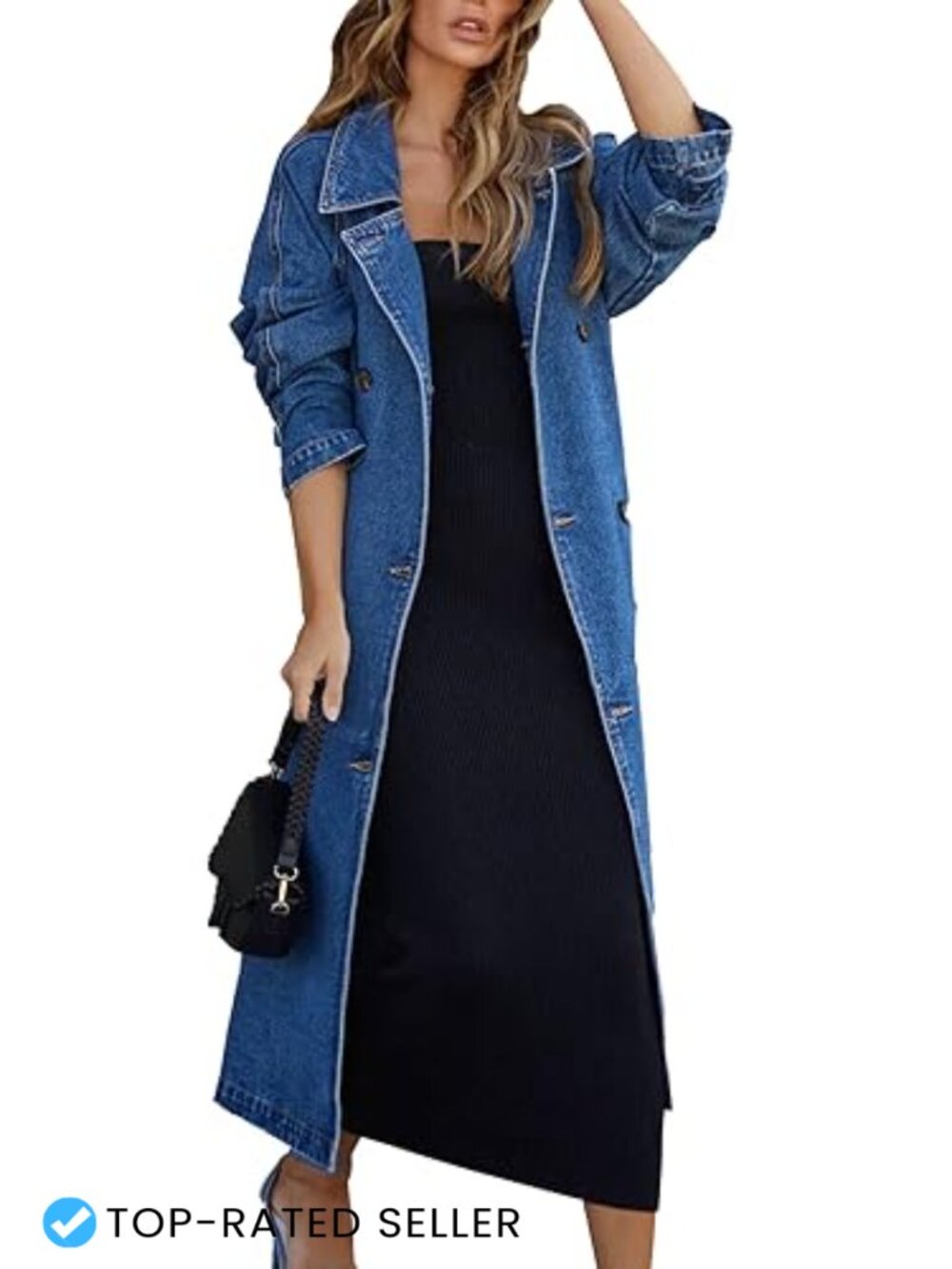 Vintage Notched Collar Double Breasted Long Denim Jacket Trench Coat with Belt